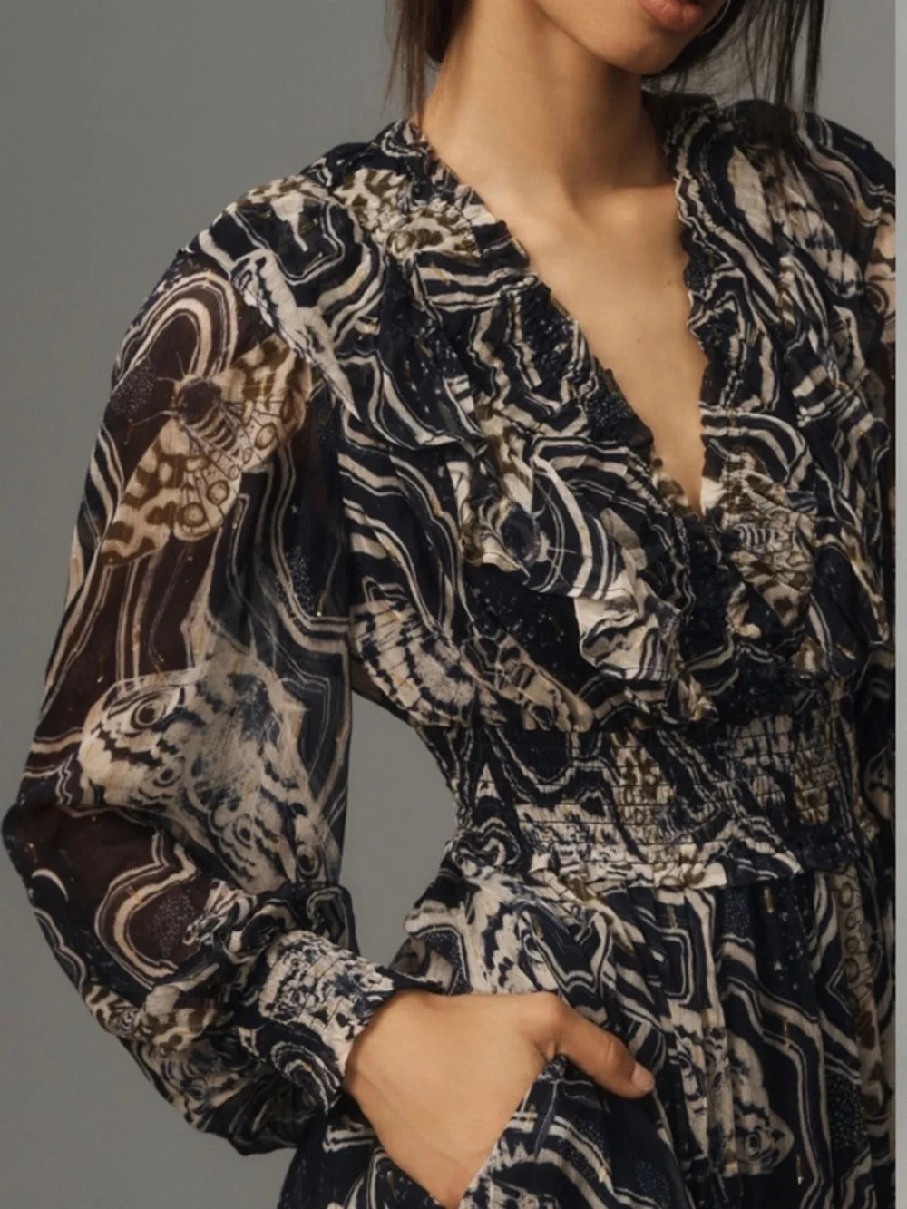 Anthropologie Printer Johnson Long-Sleeve V-Neck Midi Dress - Picture 3 of 7